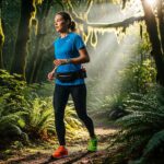 Mladý atlét v bežeckom oblečení stojí na lesnej ceste za ranného svetla so športovým hodinkami a opaskom.