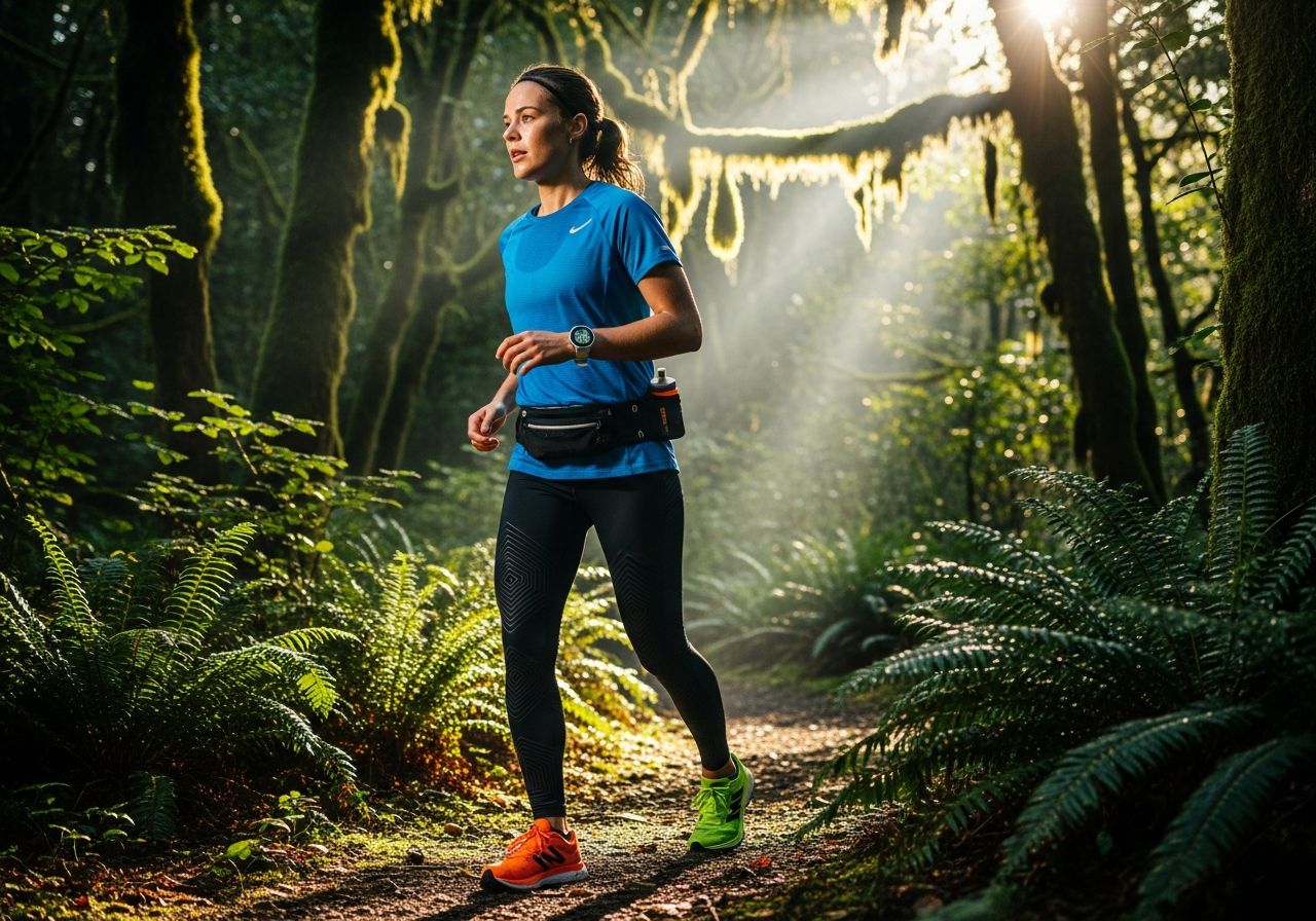 Mladý atlét v bežeckom oblečení stojí na lesnej ceste za ranného svetla so športovým hodinkami a opaskom.