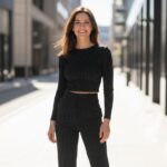 šikovná žena v pruhovanom outfite na mestkej ulici, stojí a usmieva sa priamo do kamery