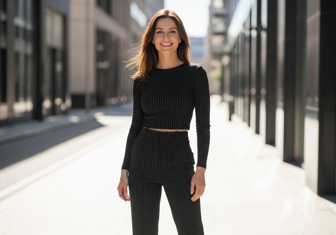 šikovná žena v pruhovanom outfite na mestkej ulici, stojí a usmieva sa priamo do kamery