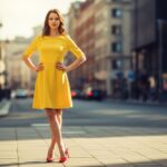 mladá žena v žltých šatách a červených opätkoch stojí na ulici v mestskom prostredí za denného svetla