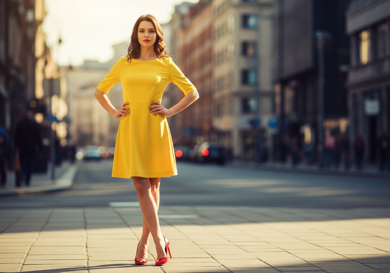 mladá žena v žltých šatách a červených opätkoch stojí na ulici v mestskom prostredí za denného svetla