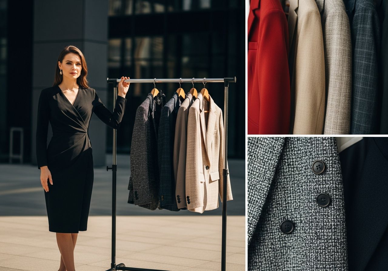 Štýlová žena v čiernych šatách stojí pri vešiaku s rôznymi blazermi v modernom mestskom prostredí.