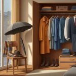 Svietlá spálňa s otvorenou skriňou a daždivým mestským výhľadom cez veľké okno.