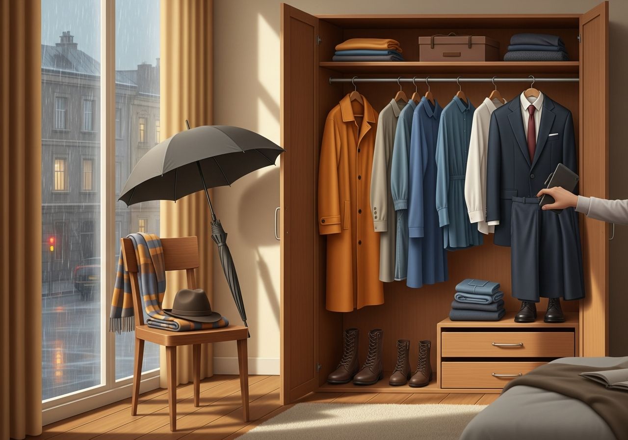 Svietlá spálňa s otvorenou skriňou a daždivým mestským výhľadom cez veľké okno.