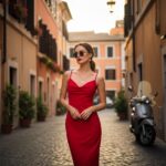Žena v červenom šate stojí na kameňovej ulici v Ríme pri vintage skútri počas zlatého svetla.