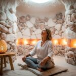 Žena sedí uvoľnene v modernej soľnej jaskyni s veľkými bielymi kryštálmi soli.