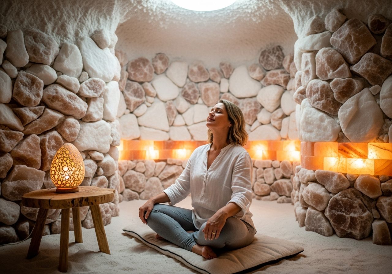 Žena sedí uvoľnene v modernej soľnej jaskyni s veľkými bielymi kryštálmi soli.