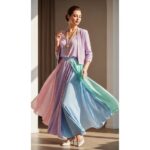 Žena v pastelovom oblečení v jemnom pohybe na minimalistickom pozadí.