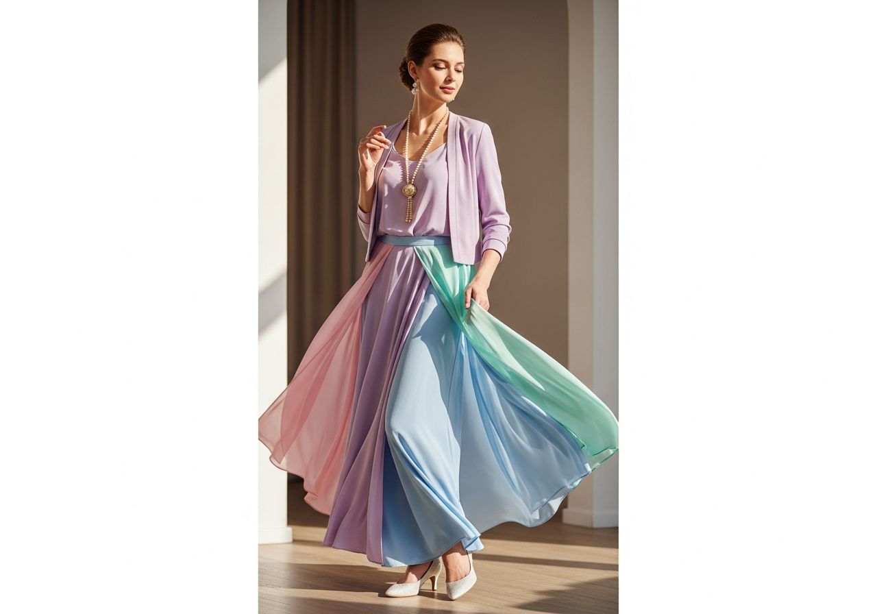 Žena v pastelovom oblečení v jemnom pohybe na minimalistickom pozadí.