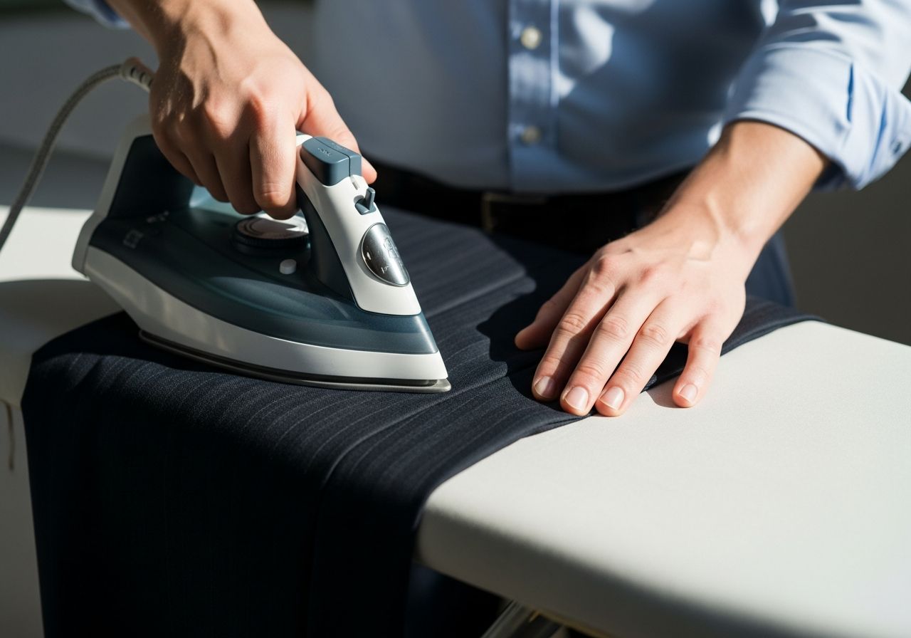 Osoba žehli tmavé nohavice na žehliacej doske v profesionálnom prostredí pod denným svetlom.