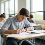 Študent píše skúšku pri stole v modernej triede, ostatní študenti ticho pracujú v pozadí.