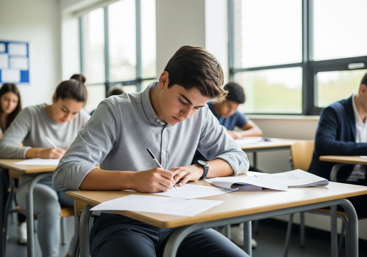 Študent píše skúšku pri stole v modernej triede, ostatní študenti ticho pracujú v pozadí.