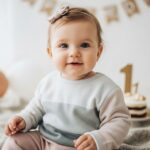 Šťastné ročné dieťa v pastelovom oblečení sediace na deke s narodeninovými balónmi a tortou.