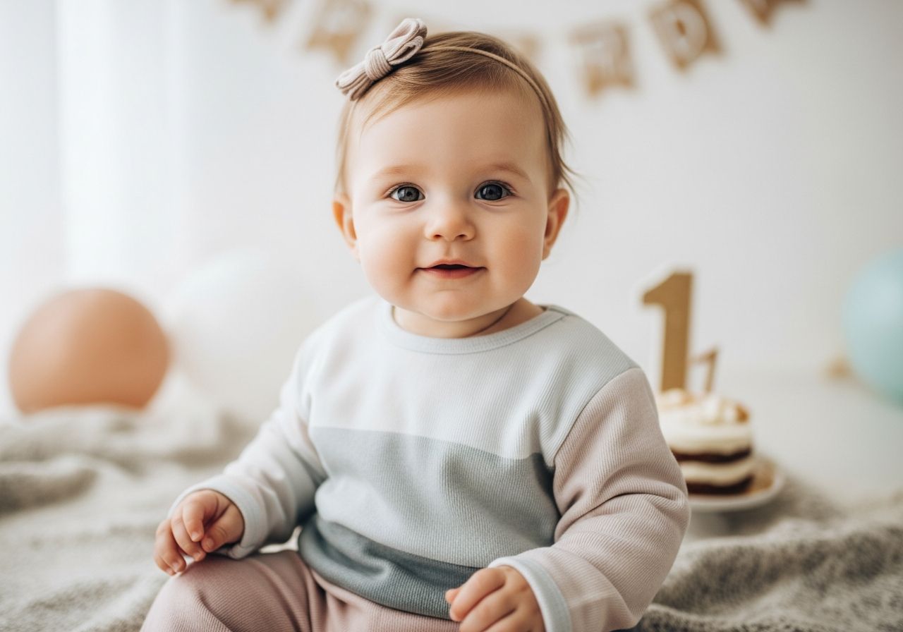 Šťastné ročné dieťa v pastelovom oblečení sediace na deke s narodeninovými balónmi a tortou.