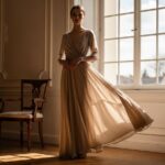 Žena v béžových šatách stojí v slnečnej miestnosti pri drevenej stoličke a veľkom okne.