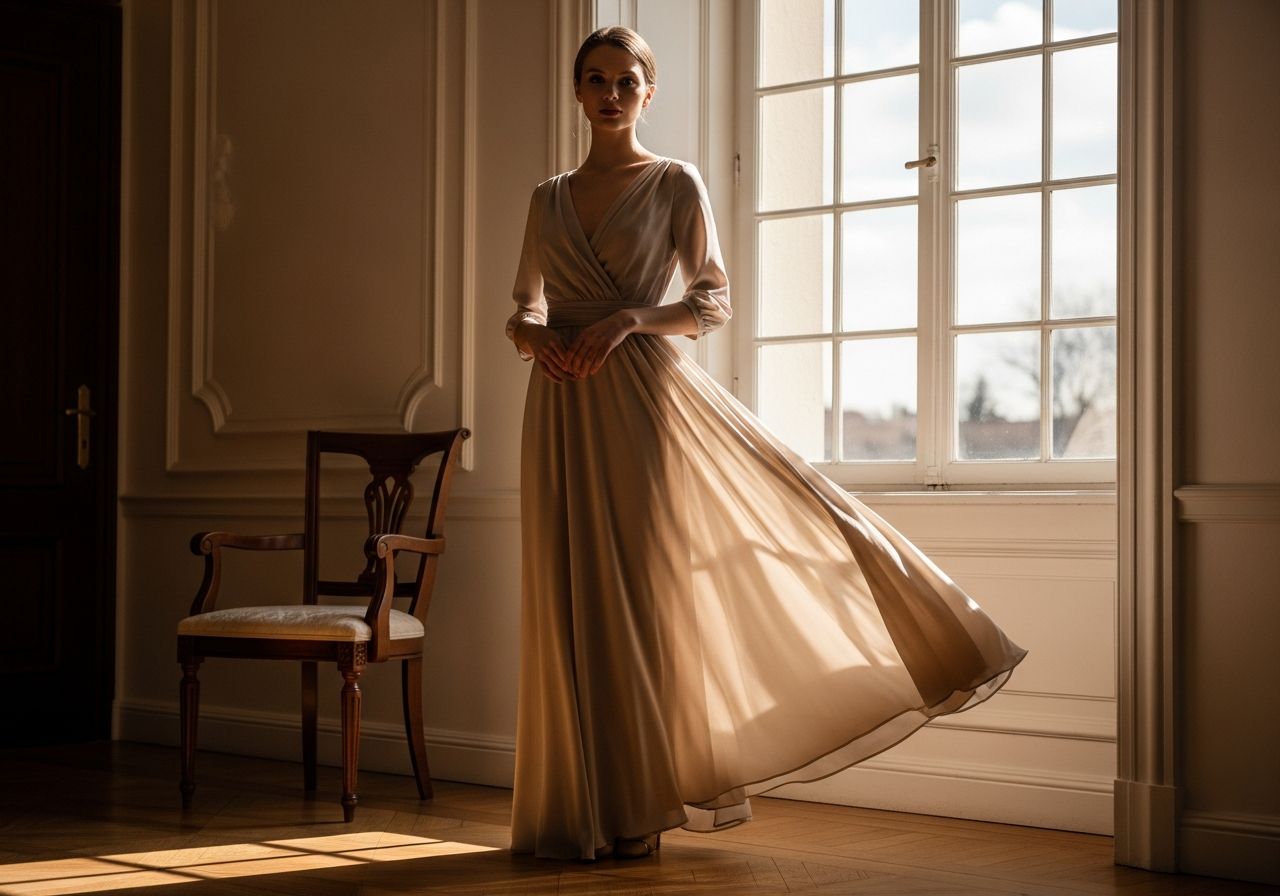 Žena v béžových šatách stojí v slnečnej miestnosti pri drevenej stoličke a veľkom okne.