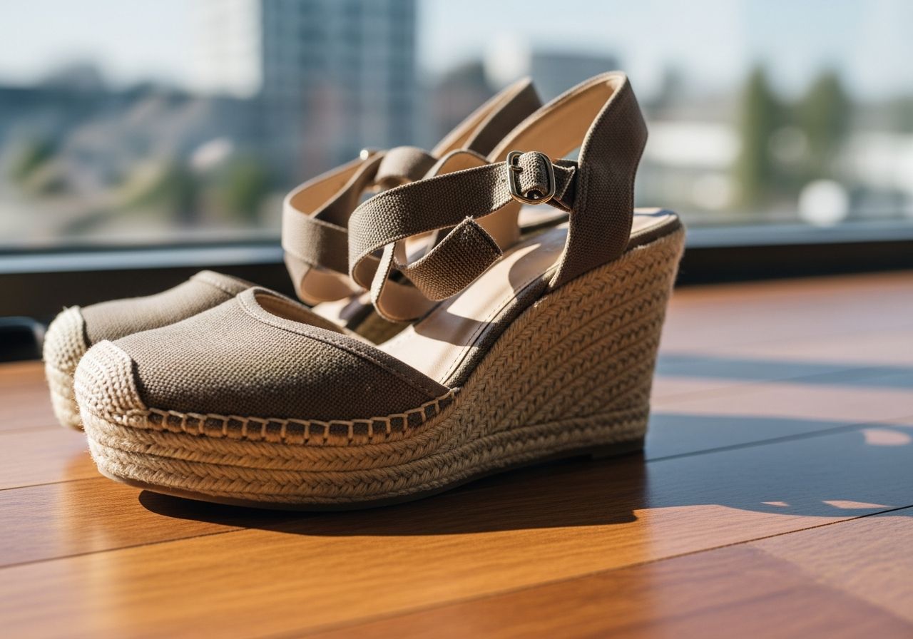 Detailný záber na dámske klinové topánky na drevenej podlahe v mestskom prostredí.