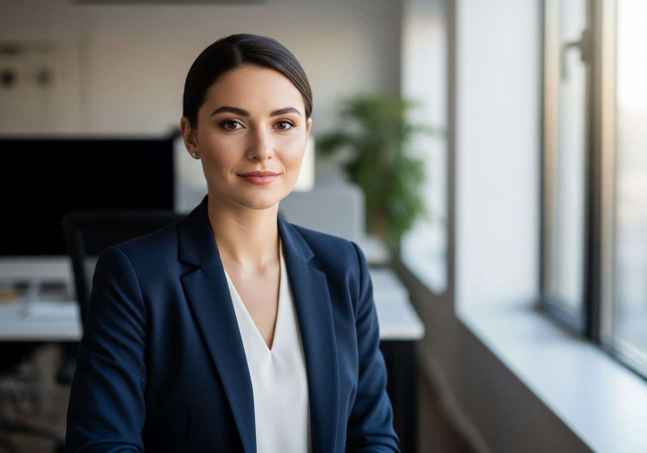 Mladá profesionálka v obchodnom odeve sedí vo svetlej kancelárii, pozadie s neostrými kancelárskymi prvkami