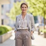 Štýlová žena okolo 50 rokov v elegantnom oblečení stojí vonku v prírodnom svetle, mestské pozadie.