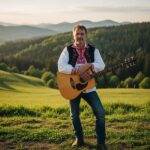 Muž so slovenskou ľudovou hudbou s gitarou stojaci na vidieku pri západe slnka