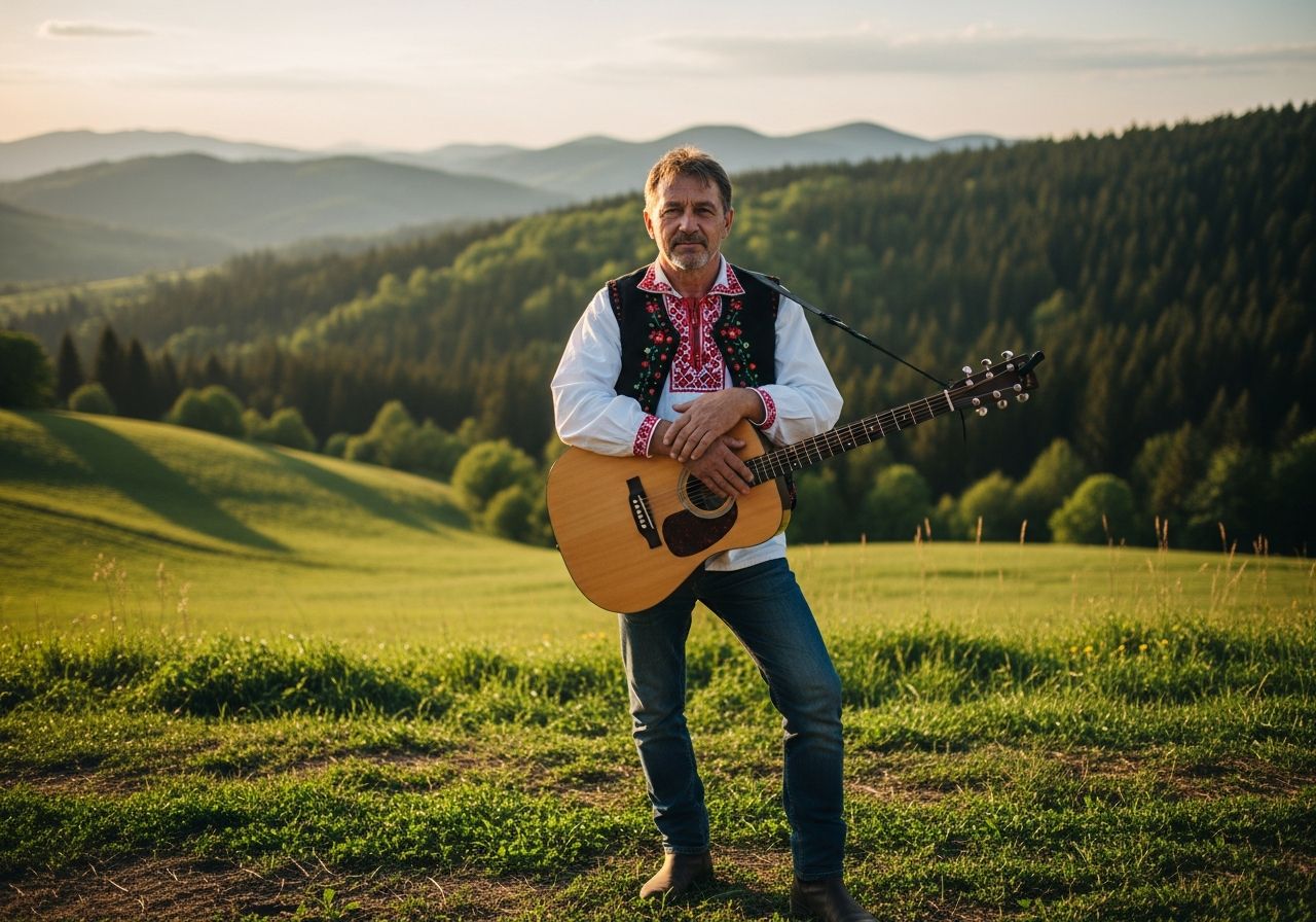 Muž so slovenskou ľudovou hudbou s gitarou stojaci na vidieku pri západe slnka