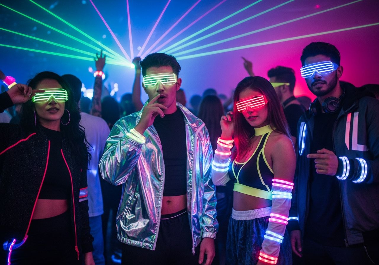 Mladí ľudia na techno párty v neónovom oblečení s LED doplnkami, laserové svetlá, tanečný parket.