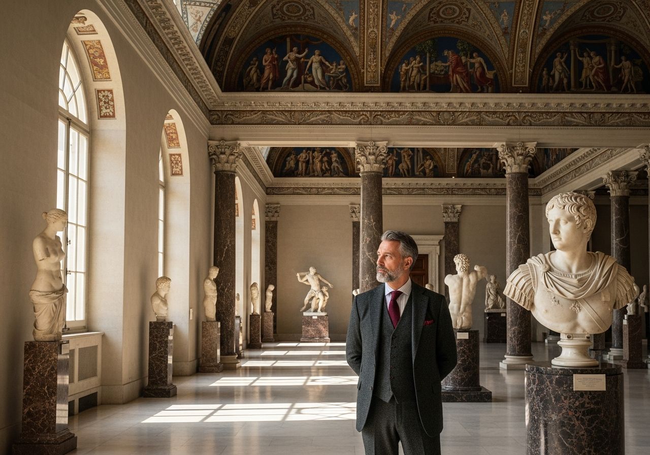 Interiér klasickej galérie s mramorovými plastikami a kurátorom v historickom oblečení