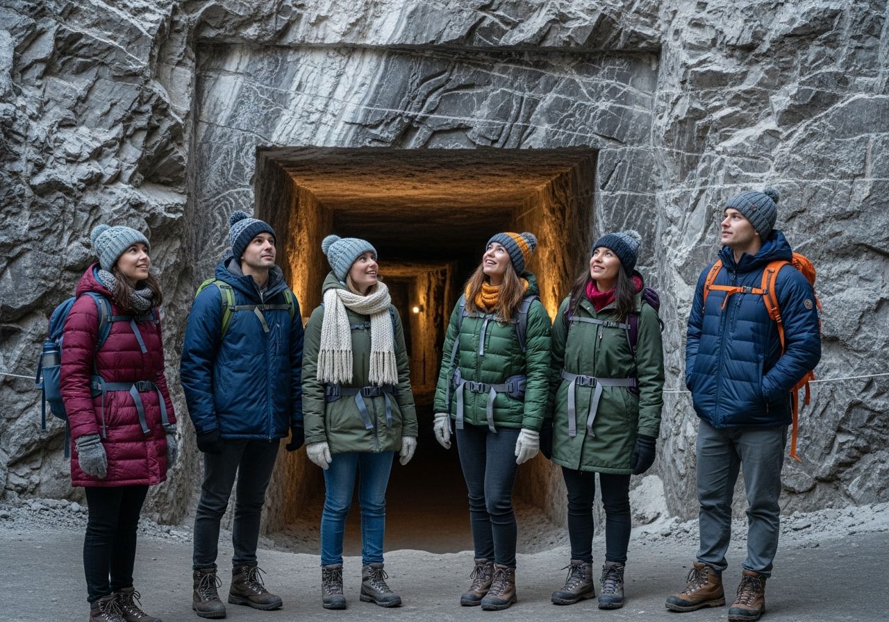 skupina turistov v teplom oblečení pri vstupe do soľnej bane Wieliczka s kamennými stenami