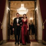 Elegantný pár vstupuje do veľkej filharmónie s nádychom kultúry a štýlu.