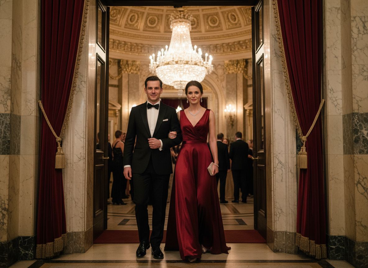 Elegantný pár vstupuje do veľkej filharmónie s nádychom kultúry a štýlu.