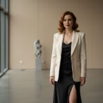 Elegantná žena v čiernych šatách a sako v modernej interiérovej scéne so svetlom a detailmi odevu